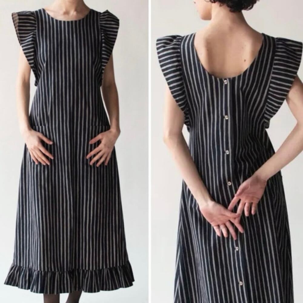 Vintage Marimekko Striped Pinafore Apron Reversible Maxi Dress - Picture 1 of 9